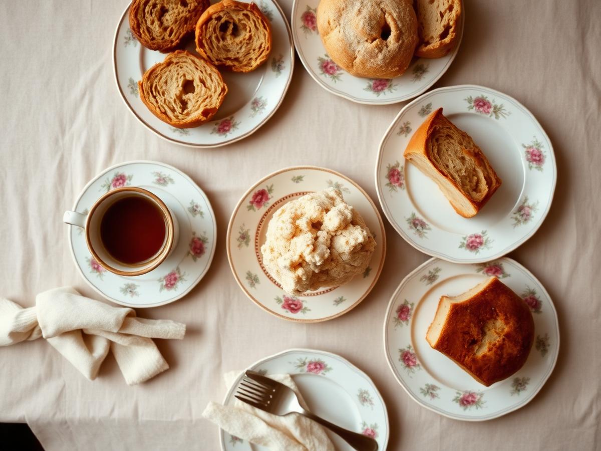 Mesa posta com louças antigas de porcelana, café e pães artesanais na Casa Sissi